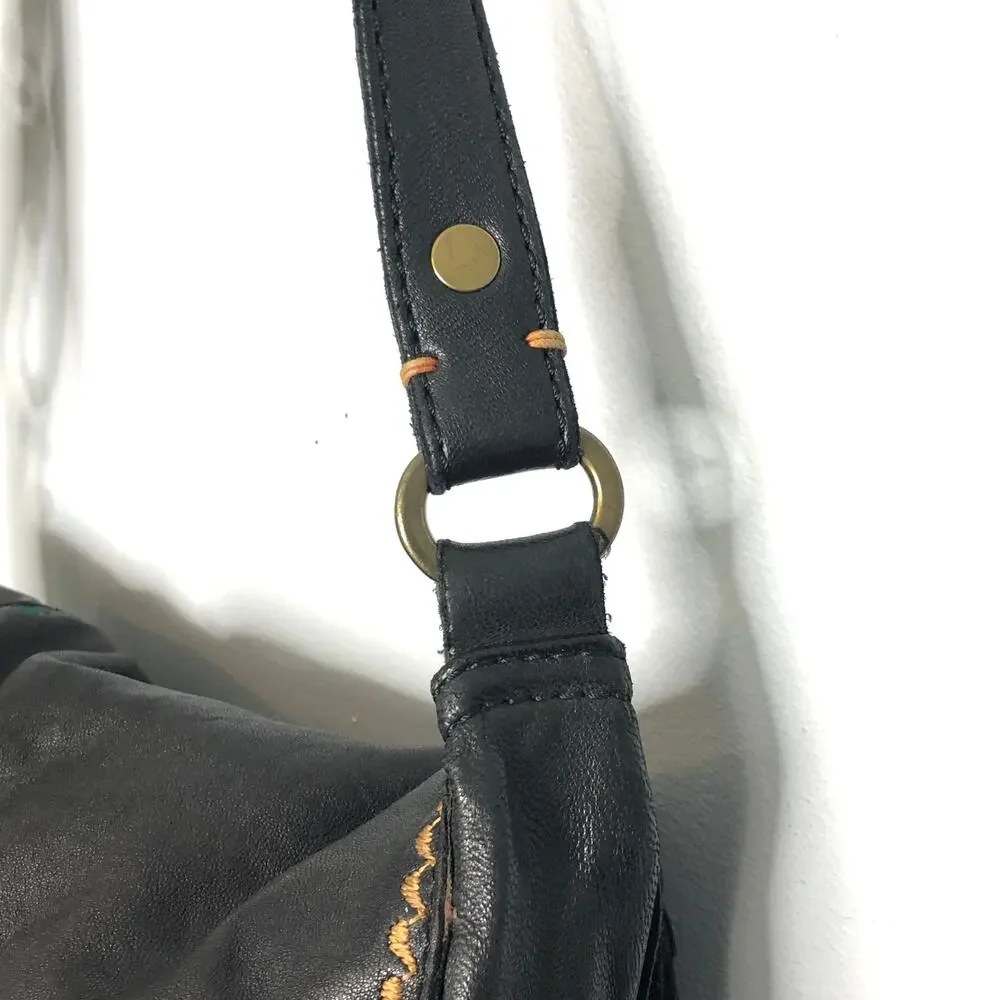 Lucky Brand Abbey Road Lambs Leather Embroidered Cross Body Tote Black